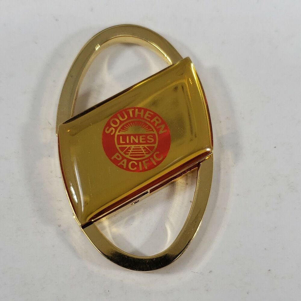 Southern Pacific Lines Railroad Key Chain Tag Double Pull Loop Red Gold Colored